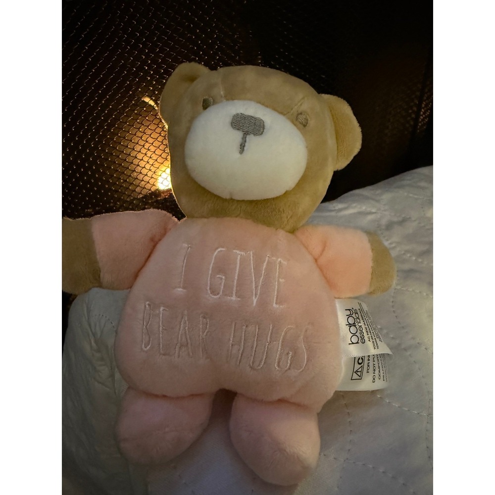 Baby Essentials Pink I Give Bear Hugs Plush Tan Teddy Bear Stuffed Animal 7 inch